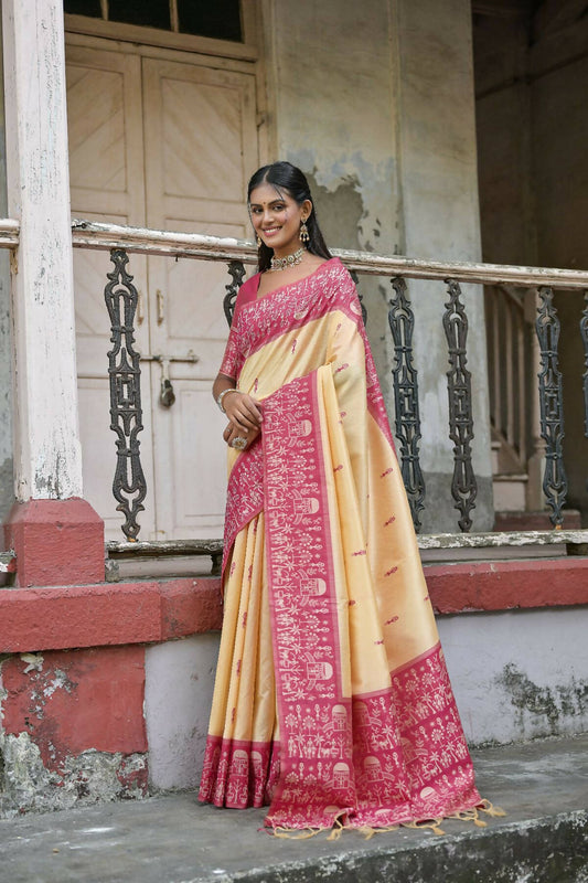 Vishnu Weaves Women's Rani Handloom Raw Silk Woven Saree with Blouse - Swadesiicart