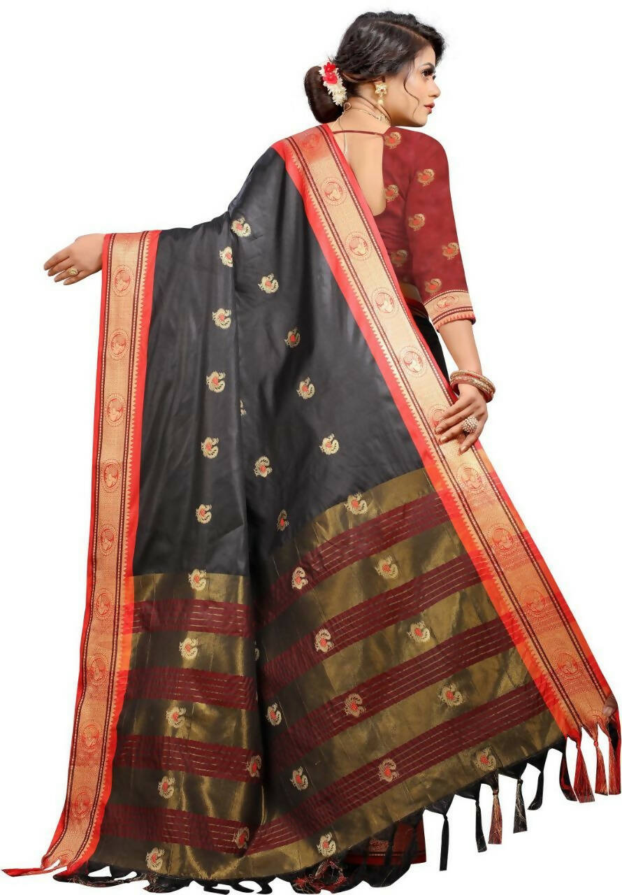 DEIANA'S Beautiful Designer Golden zari Soft Lichi Silk Saree - Black - Swadesiicart
