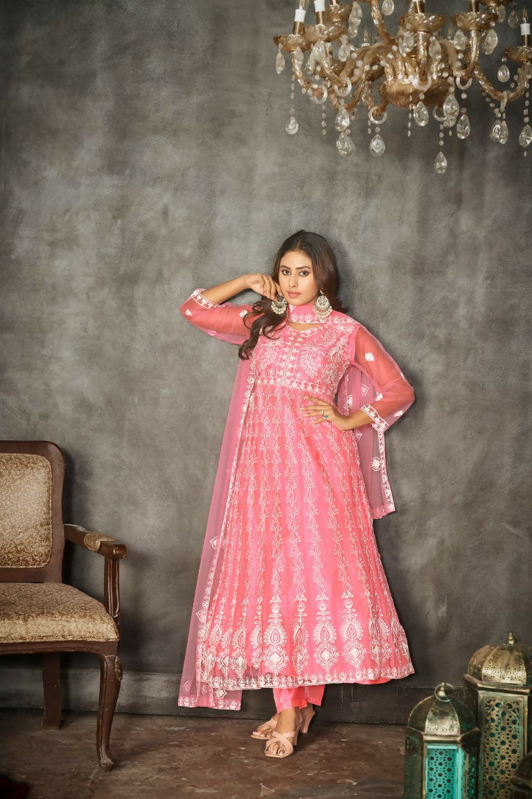 Jyoti Fashion Women's Baby Pink Net Embroidered Anarkali Kurta Pant Set With Dupatta | Swadesiicart
