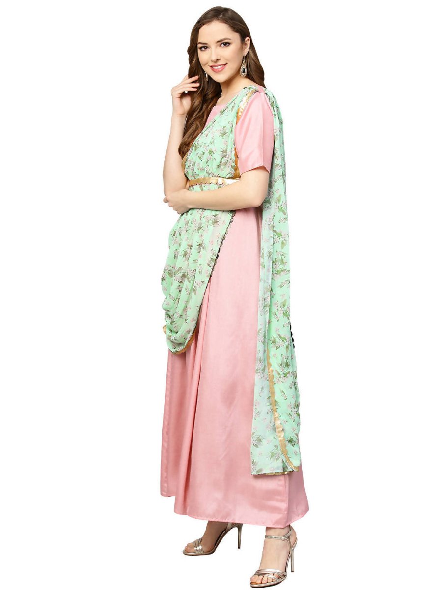 Ahalyaa Pink & Green Solid Maxi Dress with Attached Dupatta | Swadesiicart