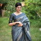 Vishnu Weaves Women's Grey Raw Silk Checks Zari Woven Saree with Unstitched Blouse - Swadesiicart