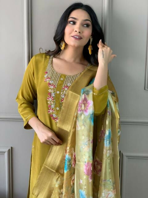 The52 Mustard Gorgeous Embroidered Viscose Chanderi Fabric Straight Kurta Pant with Dupatta Set - Swadesiicart
