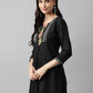 Black Poly Cotton Yoke Printed A-line Top - Bosky