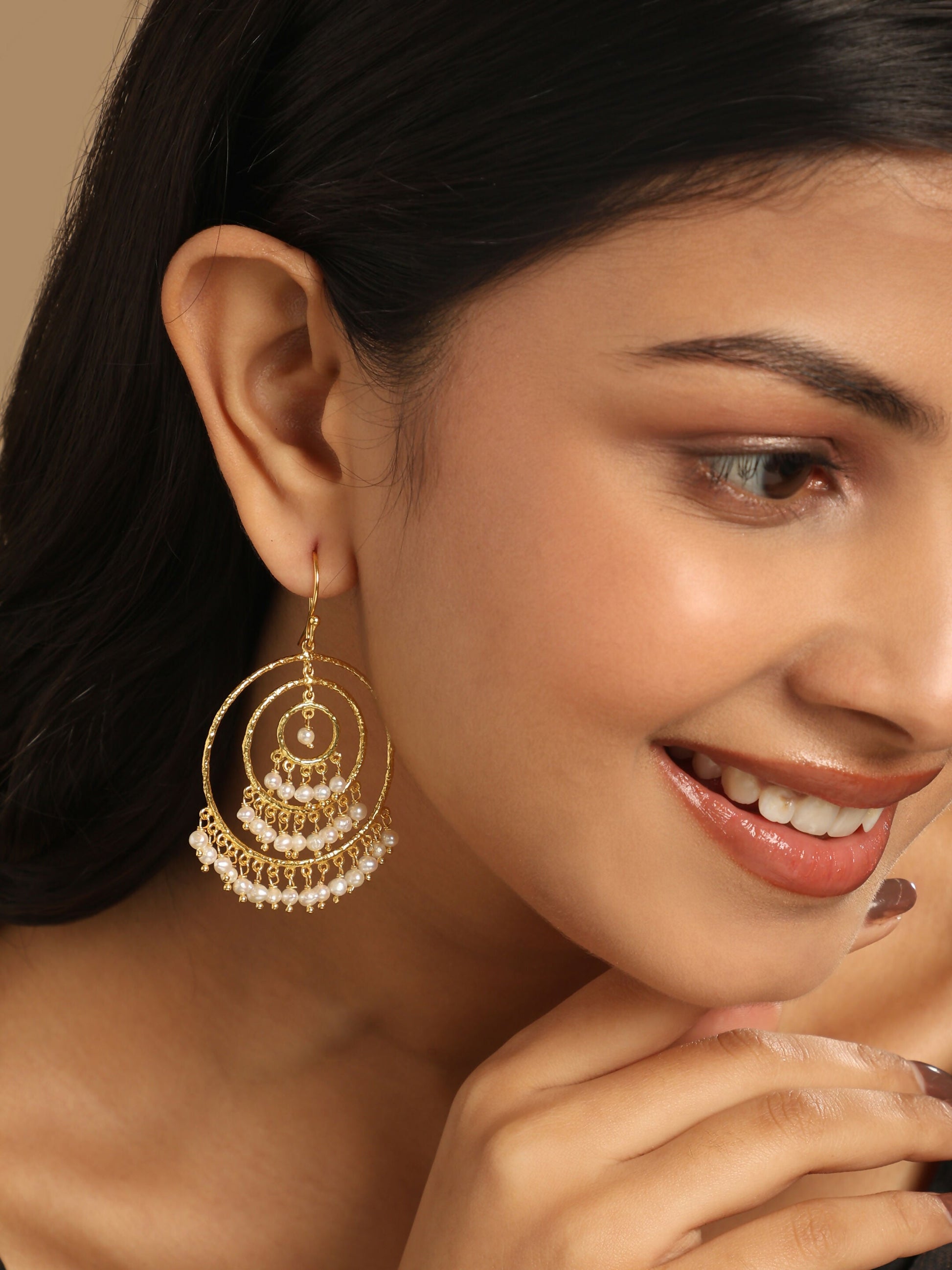 Nuyug 18k Triple Pearl Hoop Anti Tarnish Earrings | Swadesiicart