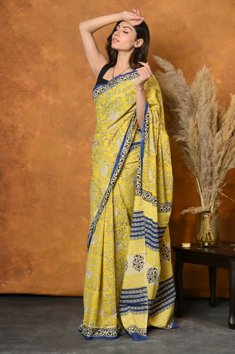 Very Much Indian Handblock Printed Cotton Saree With Natural Dyes - Green | Swadesiicart