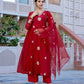 The52 Red Beautiful Embroidered Chanderi Fabric Flared Kurta, Pant and Dupatta Set - Swadesiicart
