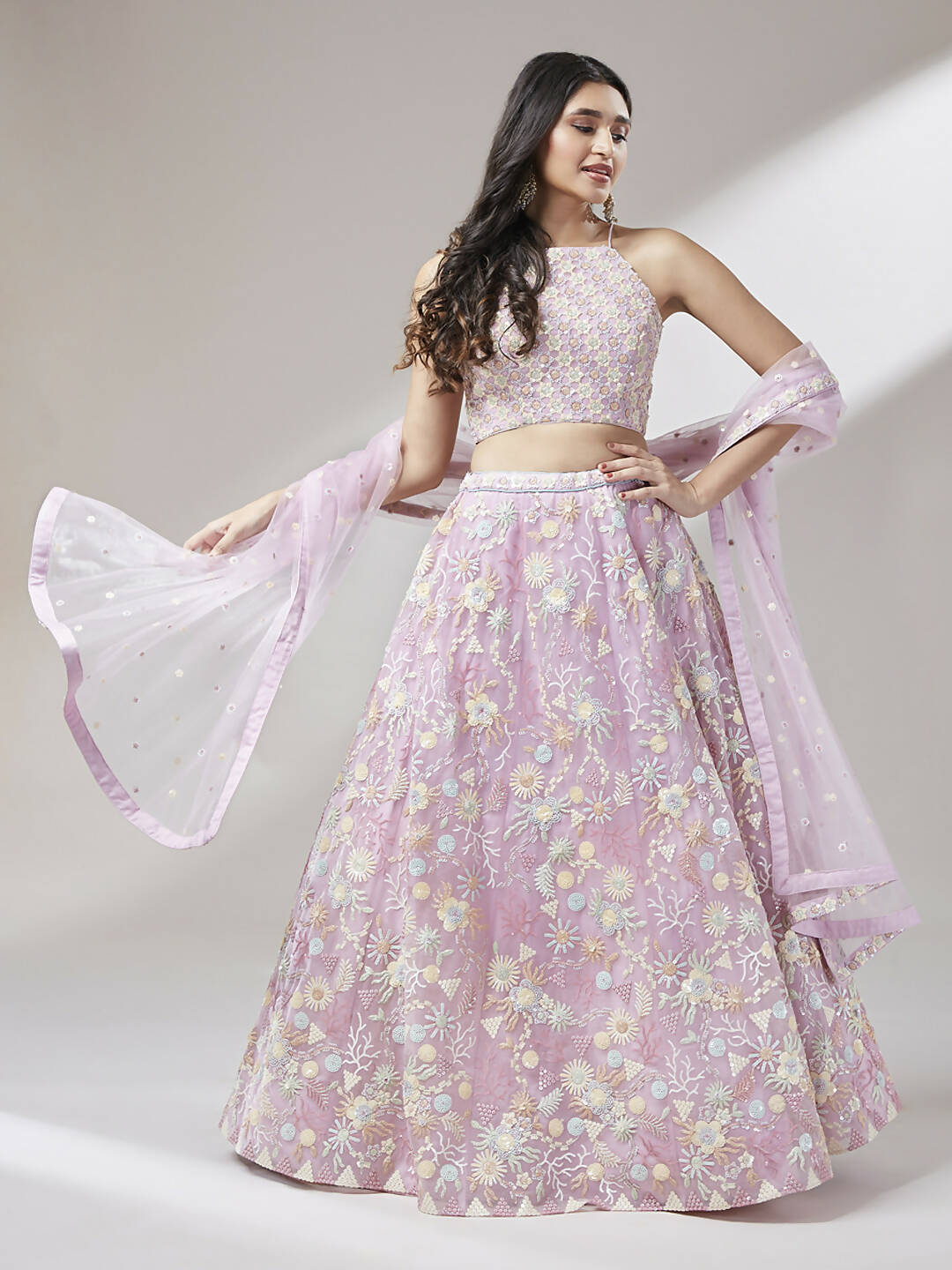 House of Panchhi Coral Net heavy Sequinse embroidery Lehenga choli & Dupatta | Swadesiicart
