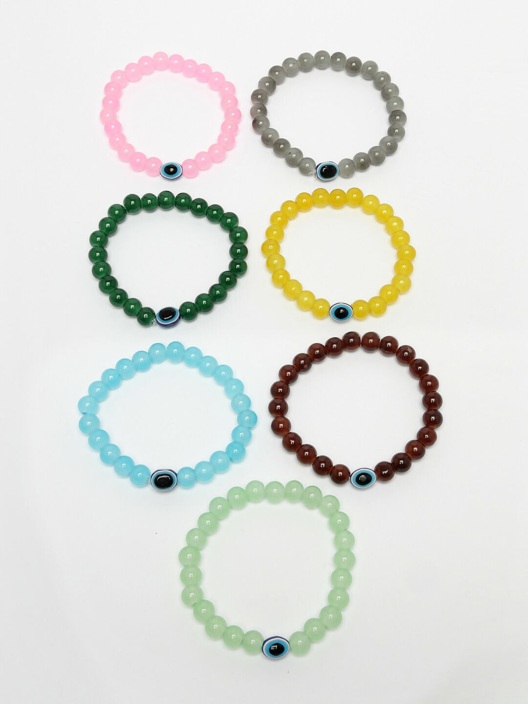 NVR Men & Women Set of 7 Crystals Beaded Evil Eye Elasticated Bracelet - Swadesiicart