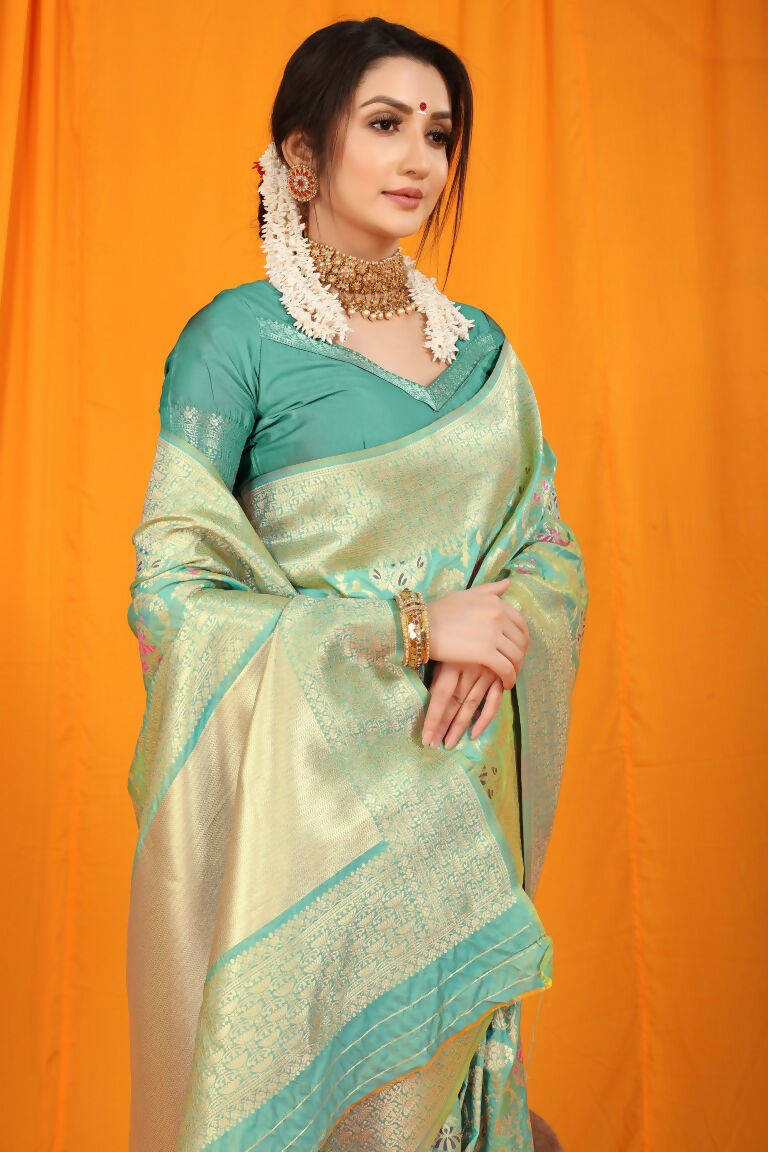 Jyoti Fashion Women's Sea Green Kanjivaram Silk Zari Woven Saree with Blouse | Swadesiicart