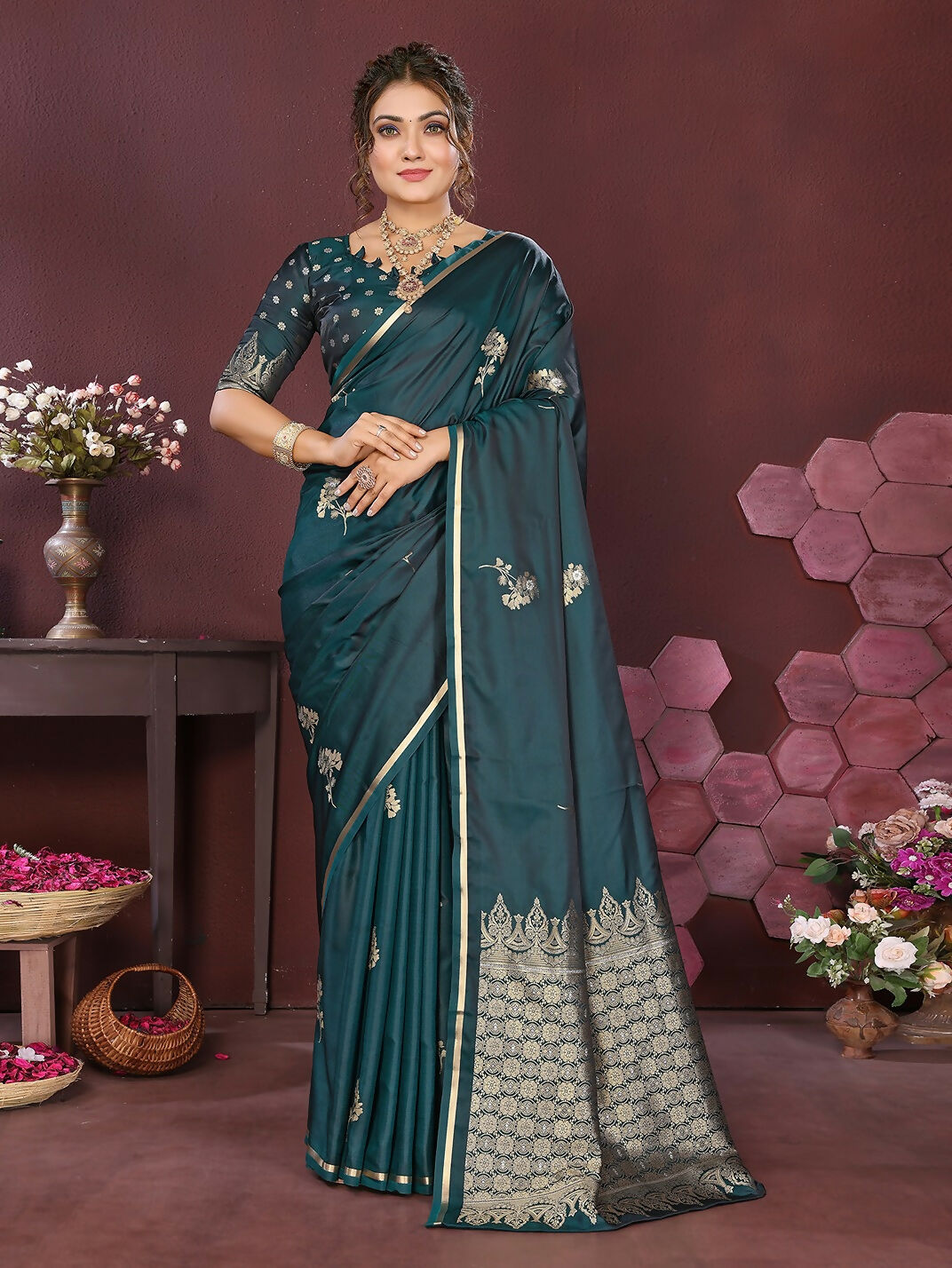 Joban Fashion Teal Floral Banarasi Silk Sarees | Swadesiicart