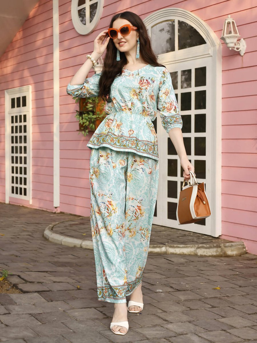Aqua Blue Rayon Paisley & Floral Printed Top with Matching Bottom - Eesha - Swadesiicart