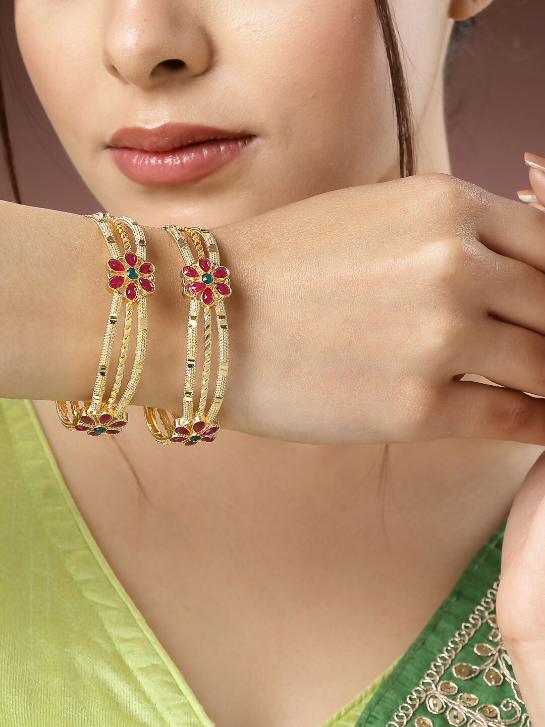 NVR Women's Set of 2 Gold-Polished Artificial Stones Handcrafted Traditional Bangles - NR Retail-NVR