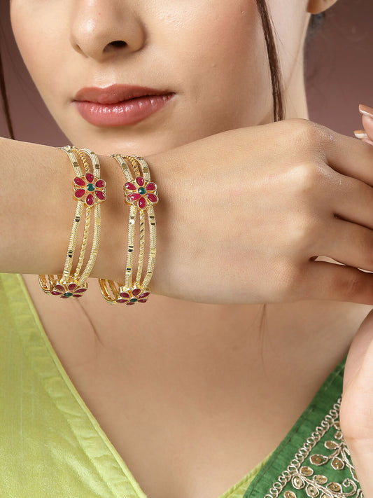 NVR Women's Set of 2 Gold-Polished Artificial Stones Handcrafted Traditional Bangles - NR Retail-NVR