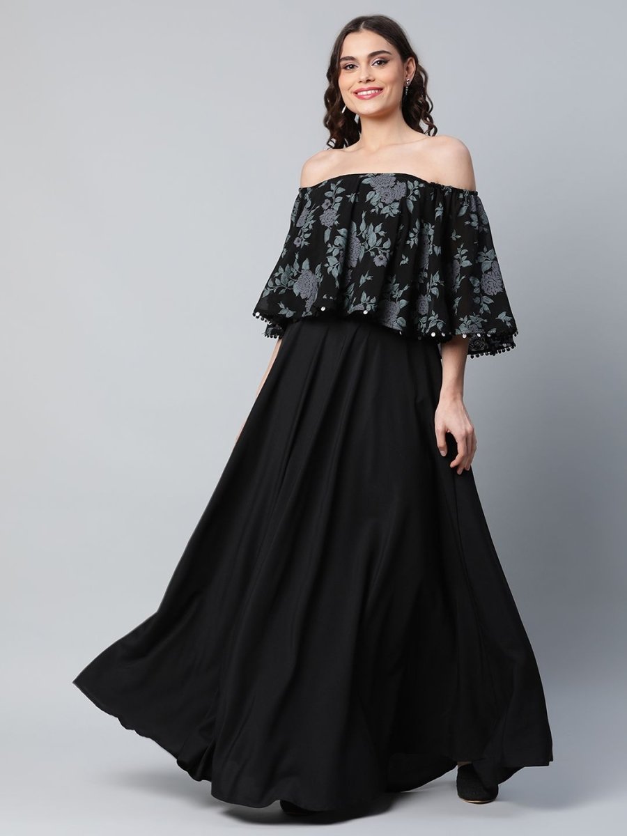 Ahalyaa Women Crepe Printed Black Dress | Swadesiicart