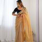 Attrctive Looking Gold Jari, Sequance Embroidery Work Twill Net Party Wear Saree - Gold