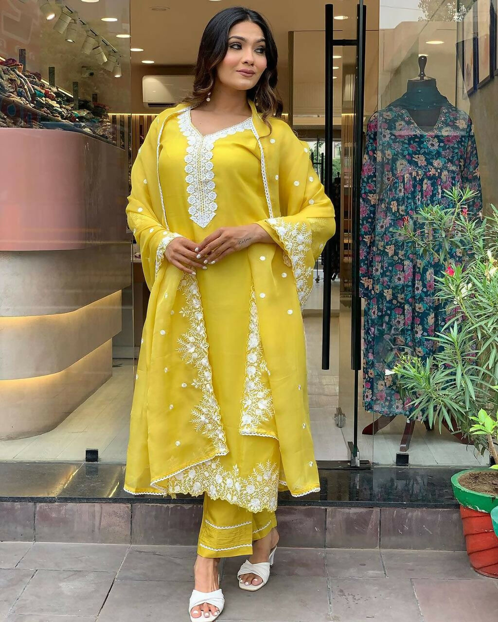 The52 Yellow Women's Gorgeous Embroidered Georgette Fabric Straight Kurta Pant with Dupatta Set - Swadesiicart