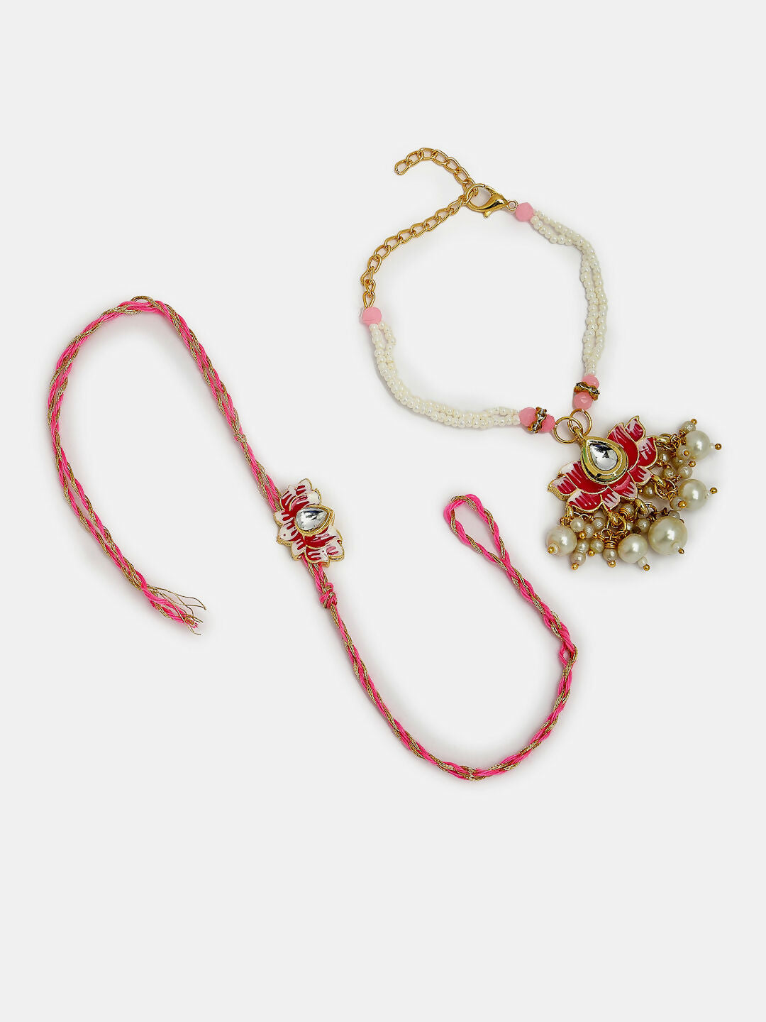 NVR Women & Men Set of 2 Pink Lotus Shape Kundan-Studded & Beaded Handcrafted Wraparound Rakhi Set With Roli Chawal | Swadesiicart
