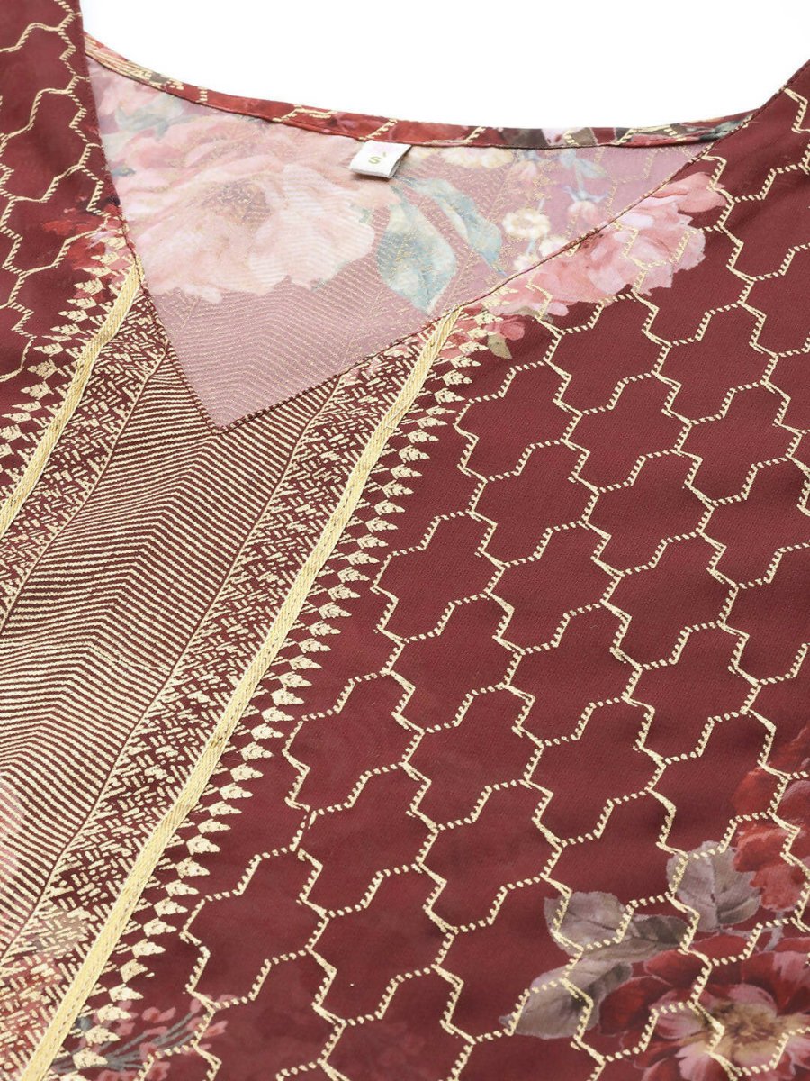Ahalyaa Women Maroon Floral Printed Flared Sleeves Kaftan Kurta | Swadesiicart
