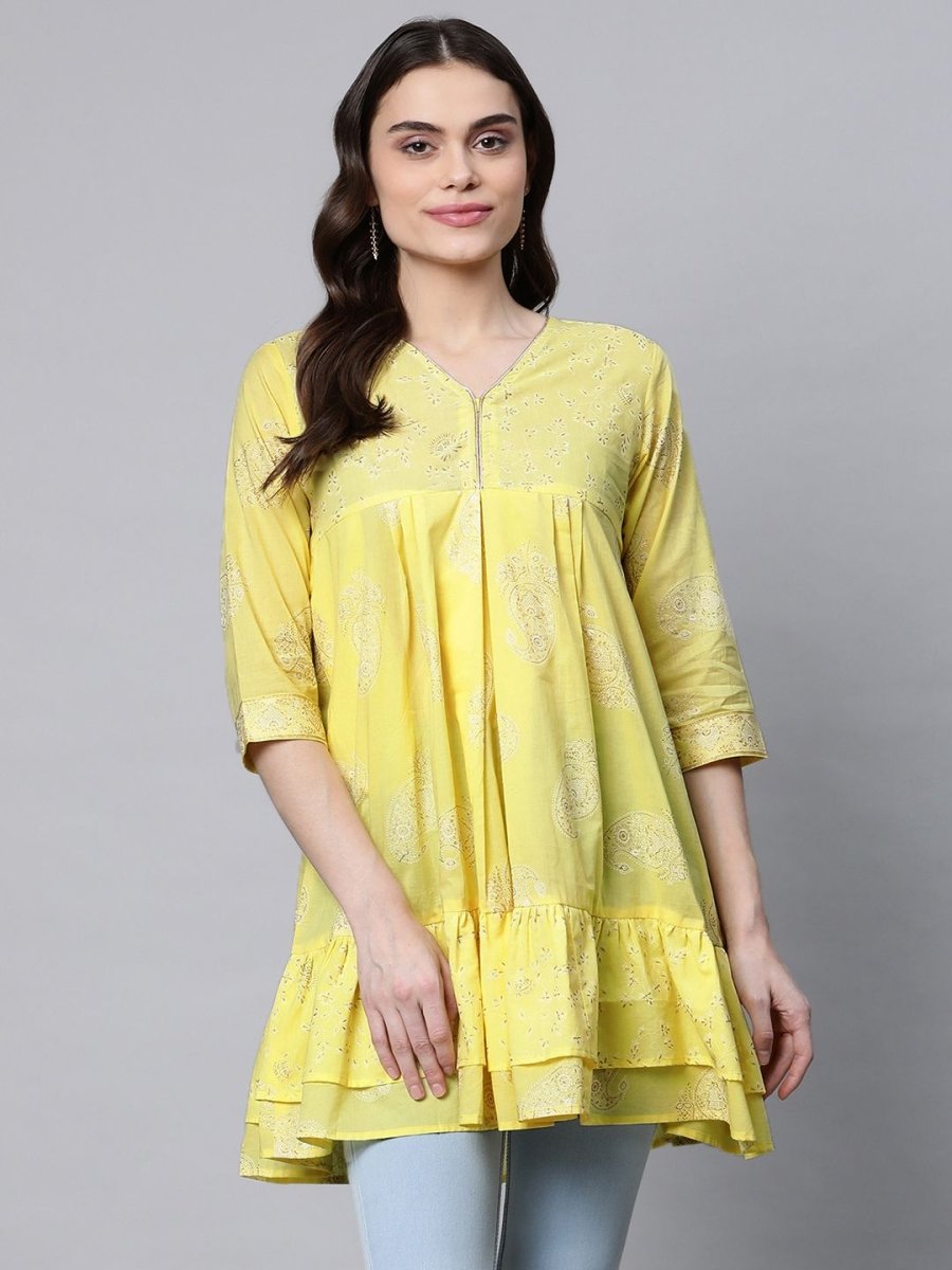 Ahalyaa Women Yellow Cotton Printed Tunic | Swadesiicart