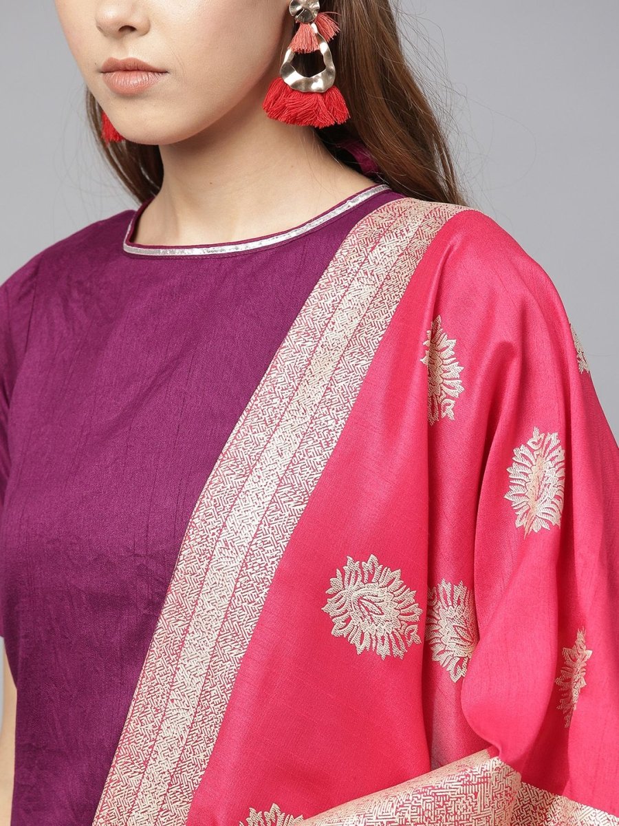 Ahalyaa Women's Purple Poly Silk Solid Kurta and Red Printed Sharara With Dupatta | Swadesiicart