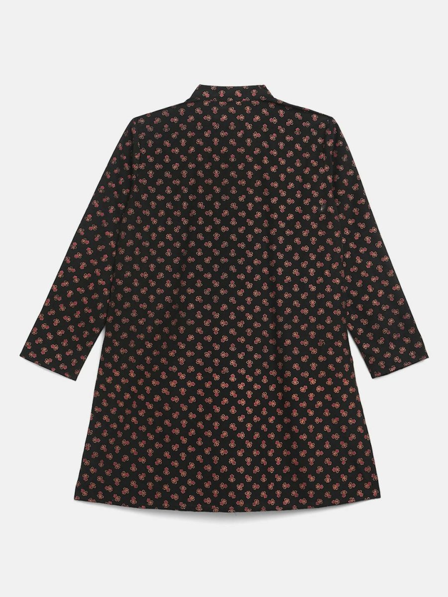 Ahalyaa Black Crepe Gold Pigment Print Kids Kurta Churidar Set For Boys | Swadesiicart