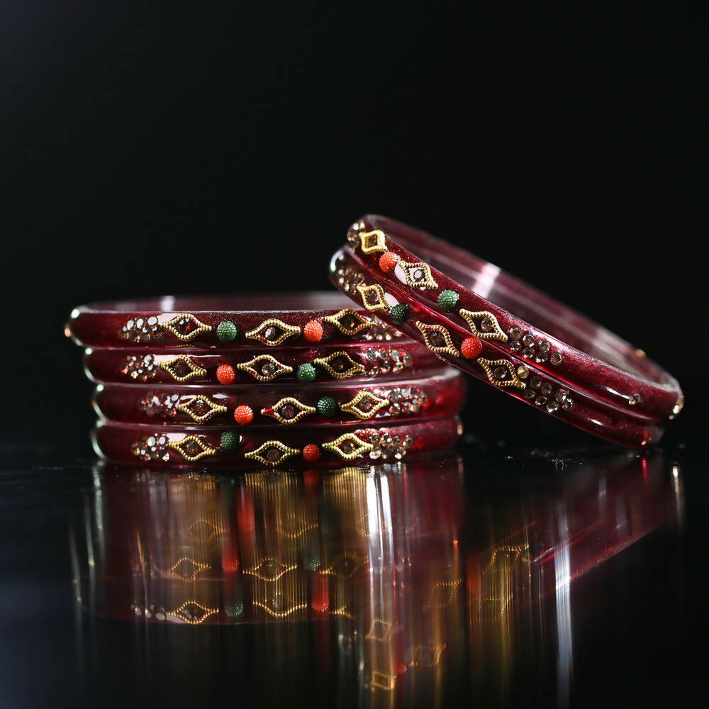 Afast Designer Fancy Party Bangle/ Kada Set, Maroon, Glass, Pack Of 8 - Swadesiicart