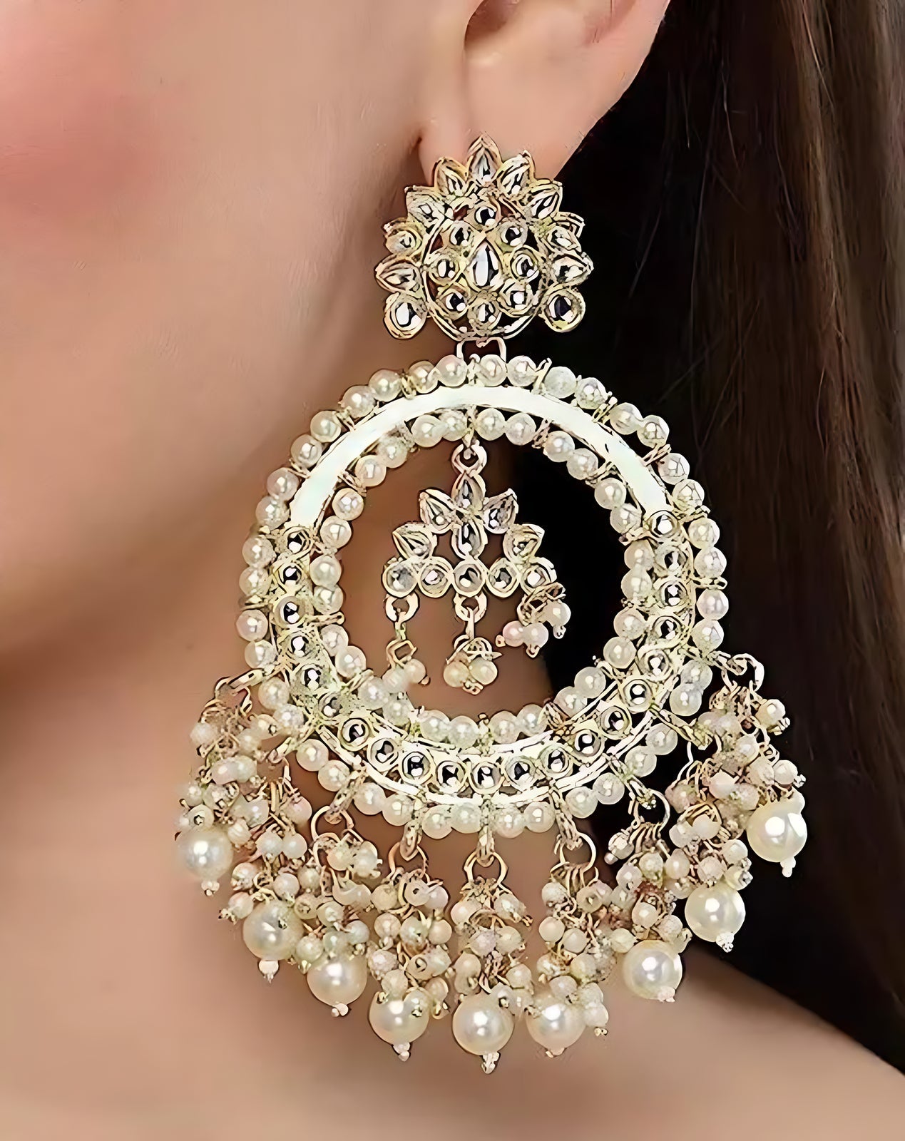 Jewel City Luxurious Pearl Chandelier Earrings - Traditional Indian Kundan Style Statement Jewelry for Wedding & Festive Wear | Swadesiicart