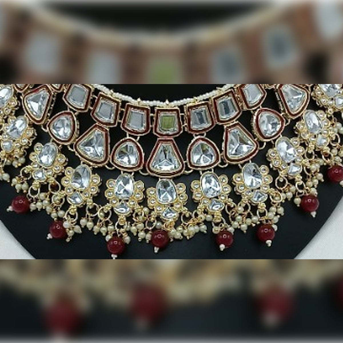 Jewel City Royal Kundan Bridal Jewelry Set - Maroon & Crystal Choker with Earrings & Maang Tikka | Swadesiicart