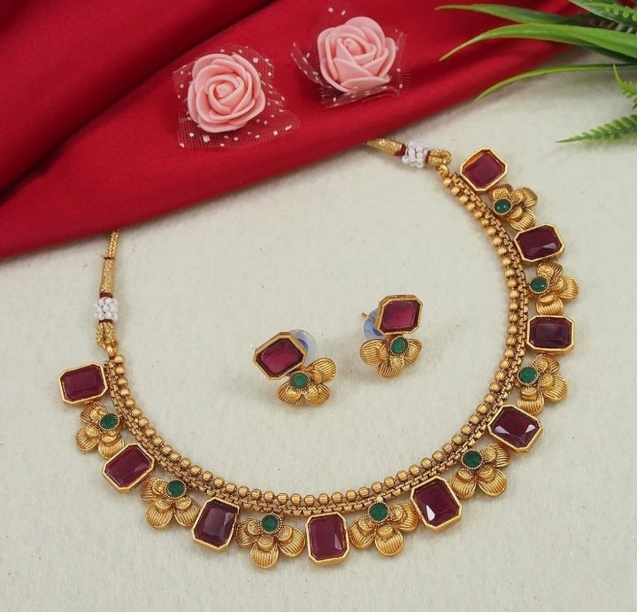Jewel City Antique Gold Ruby Green Floral Choker Set - Adjustable Designer Necklace with Pearl Tassels - Traditional Indian Wedding Jewelry Collection | Swadesiicart