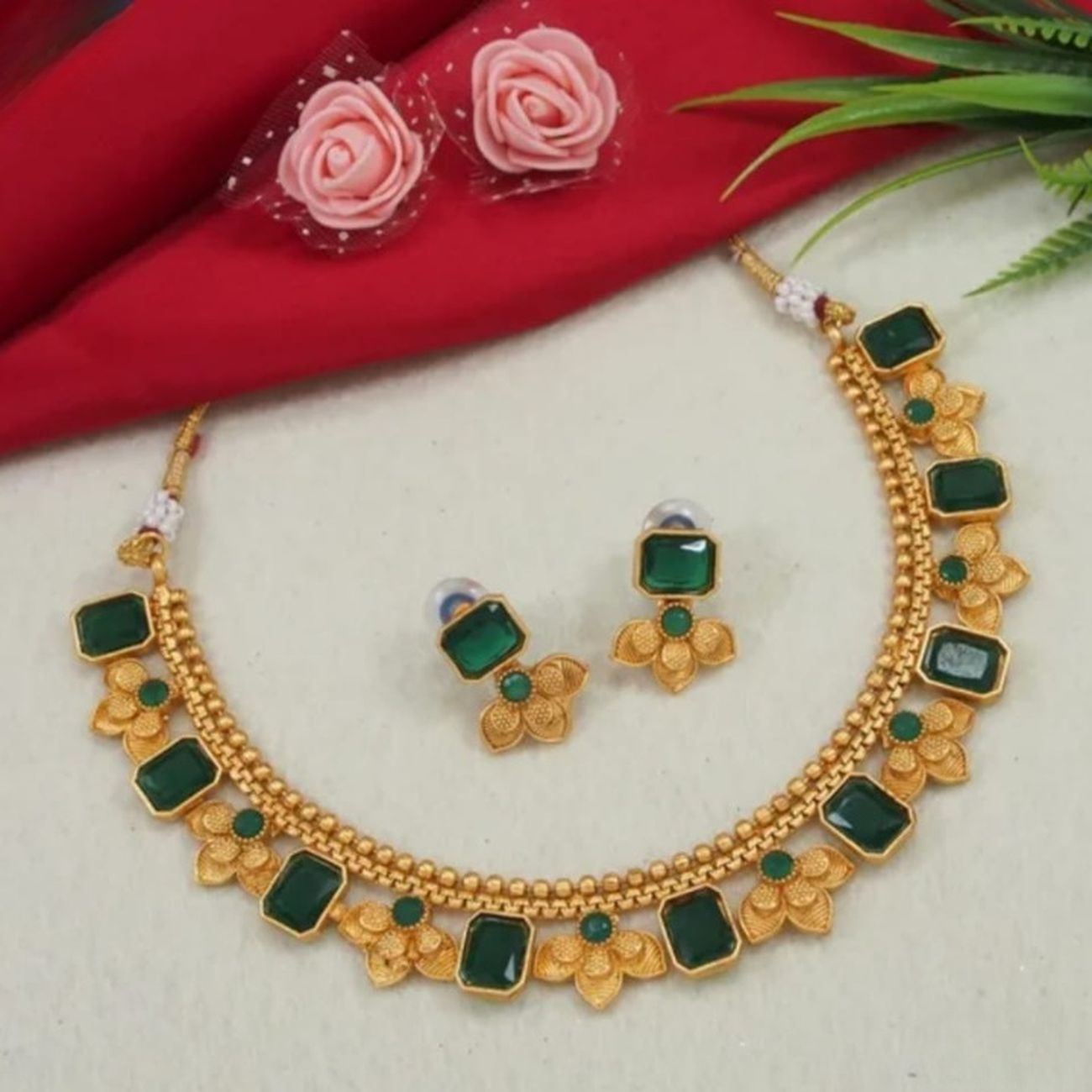 Jewel City Antique Gold Emerald Green Floral Choker Set - Adjustable Designer Necklace with Pearl Tassels | Swadesiicart