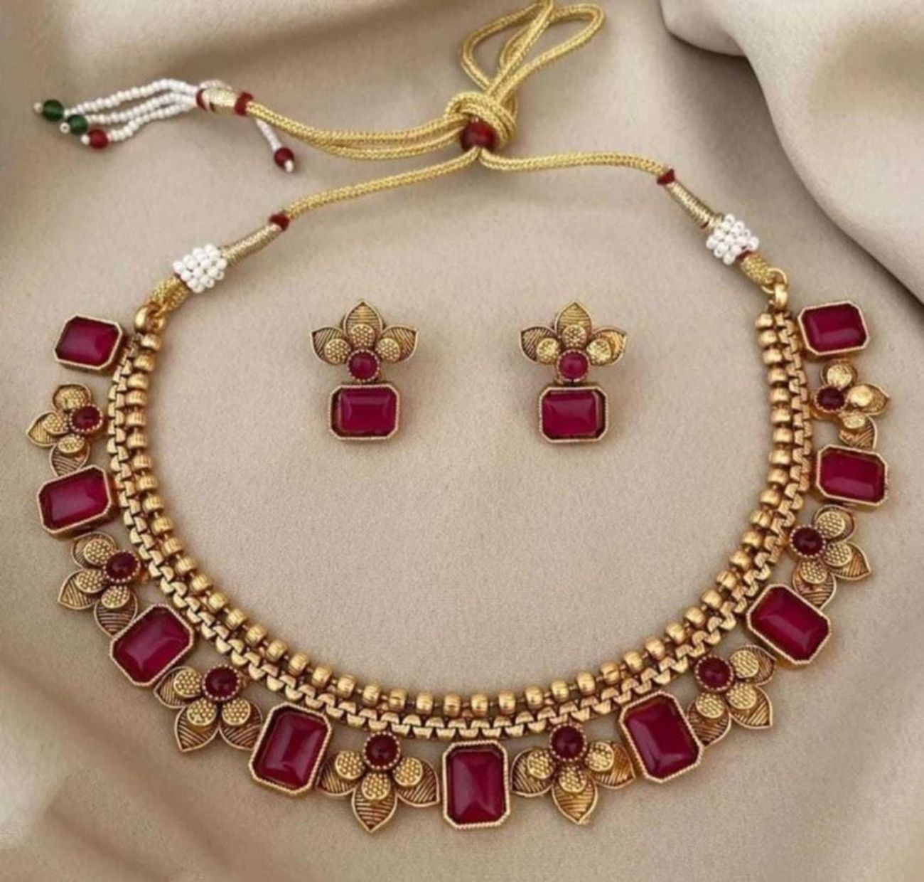 Jewel City Antique Gold Ruby Floral Choker Set - Adjustable Designer Necklace with Pearl Tassels - Traditional Indian Wedding Jewelry Collection | Swadesiicart