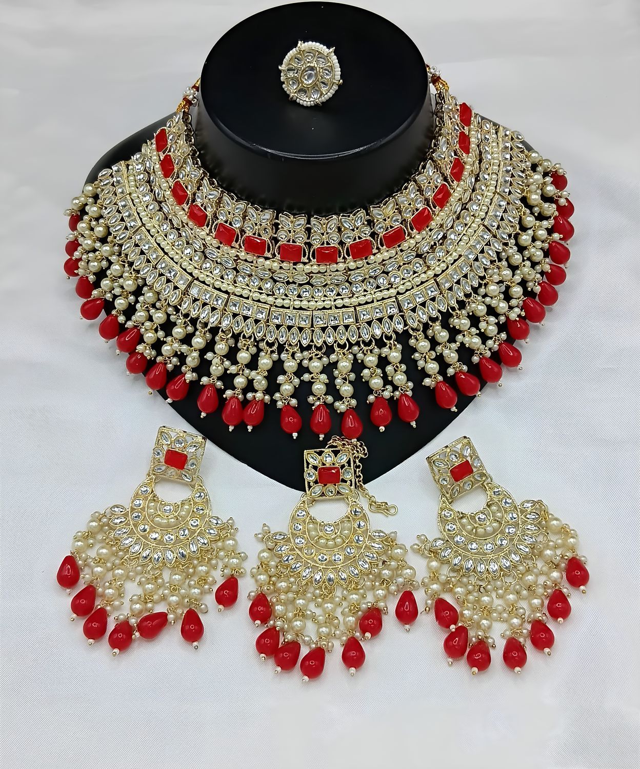 Jewel City Royal Pearl and Crystal Choker Set - Gold-Plated Wedding Jewelry with Earrings and Ring | Swadesiicart