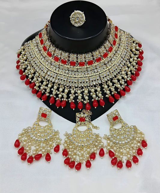 Jewel City Royal Pearl and Crystal Choker Set - Gold-Plated Wedding Jewelry with Earrings and Ring | Swadesiicart