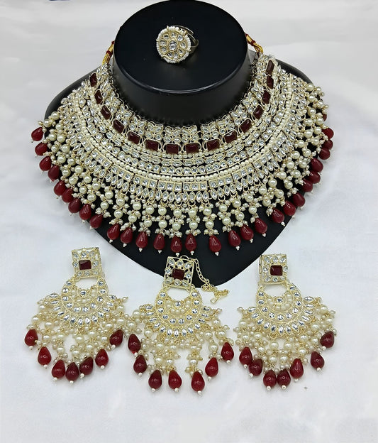 Jewel City Royal Pearl and Crystal Choker Set - Gold-Plated Wedding Jewelry with Earrings and Ring | Swadesiicart