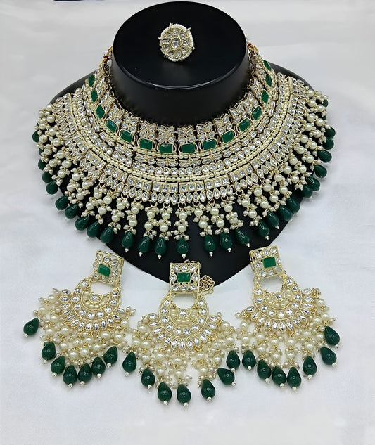 Jewel City Royal Pearl and Crystal Choker Set - Gold-Plated Wedding Jewelry with Earrings and Ring | Swadesiicart