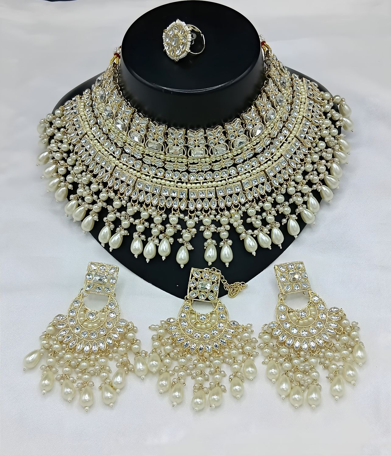 Jewel City Royal Pearl and Crystal Choker Set - Gold-Plated Wedding Jewelry with Earrings and Ring | Swadesiicart