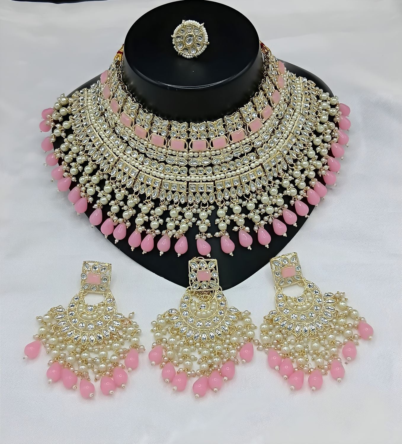 Jewel City Royal Pearl and Crystal Choker Set - Gold-Plated Wedding Jewelry with Earrings and Ring | Swadesiicart