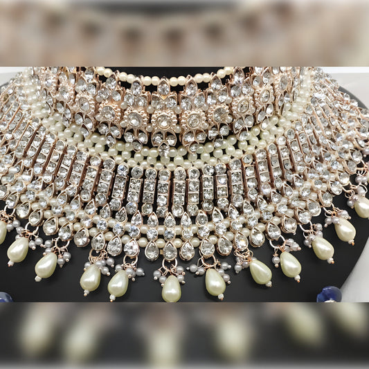 Jewel City Luxury White Crystal Choker Set - Rose Gold-Plated Bridal Jewelry with Pearl Accents | Swadesiicart