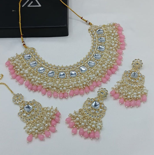 Jewel City Luxurious Kundan Choker Set with Pearl and Pink Bead Accents - Traditional Indian Bridal Jewelry | Swadesiicart