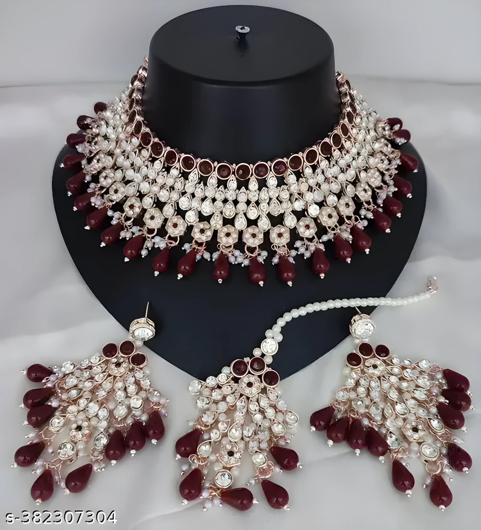 Jewel City Regal Maroon Kundan & Pearl Bridal Jewelry Set-Luxury Choker Necklace Earrings & Maang Tikka-Ethnic Wedding & Party Wear | Swadesiicart