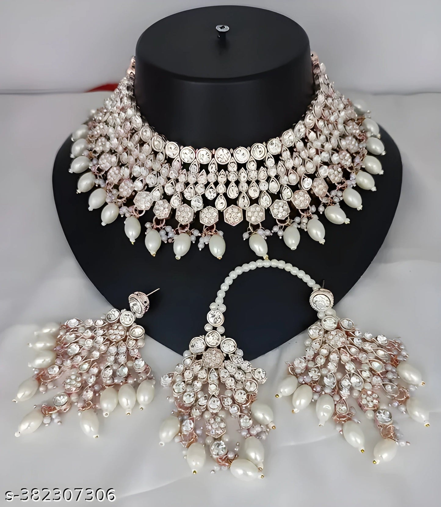 Jewel City Elegant White Kundan & Pearl Bridal Jewelry Set-Luxury Choker Necklace Earrings & Maang Tikka-Ethnic Wedding & Party Wear | Swadesiicart