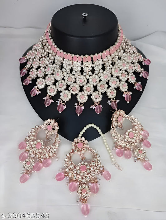 Jewel City Graceful Pink Kundan & Pearl Bridal Jewelry Set-Statement Choker Necklace Earrings & Maang Tikka-Wedding & Festive Wear | Swadesiicart