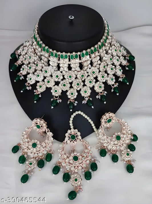 Jewel City Royal Green Kundan & Pearl Bridal Jewelry Set-Statement Choker Necklace Earrings & Maang Tikka-Wedding & Festive Wear | Swadesiicart