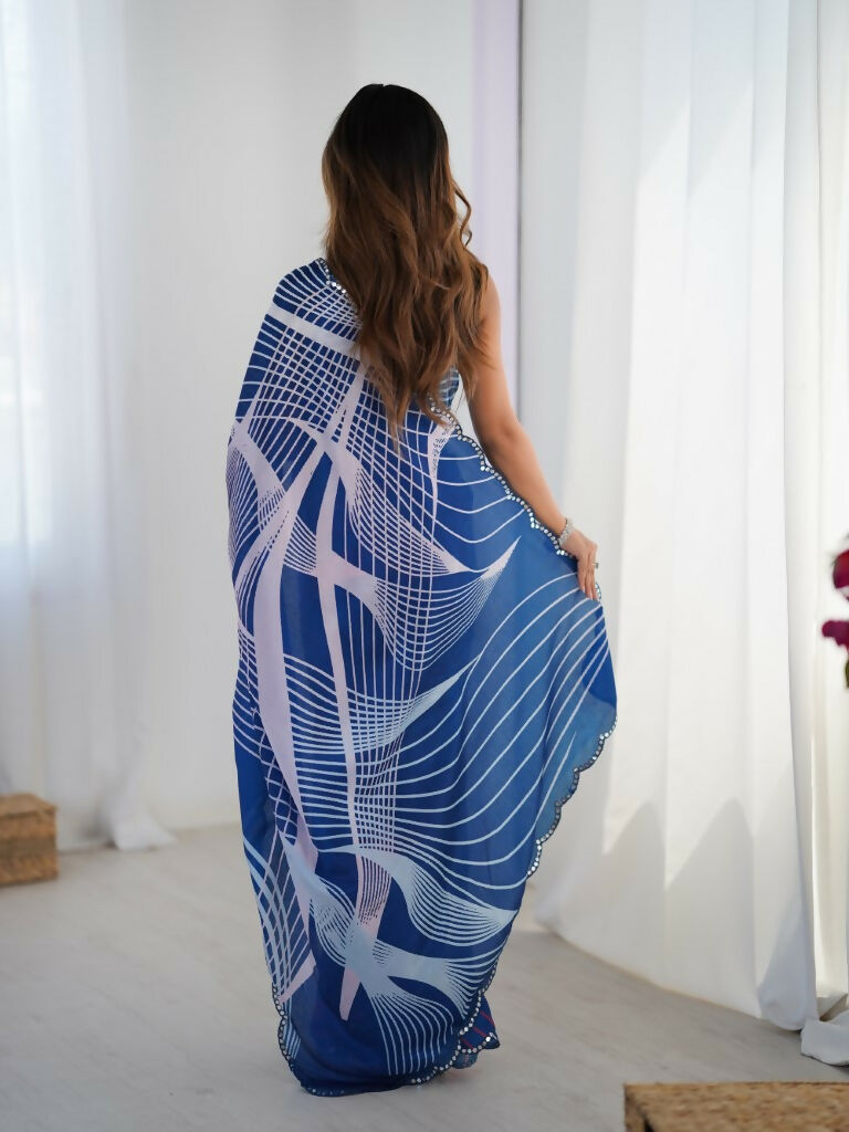 Blue Chinon Designer Digital Printed,Mirror Cut Work Saree - Manvika