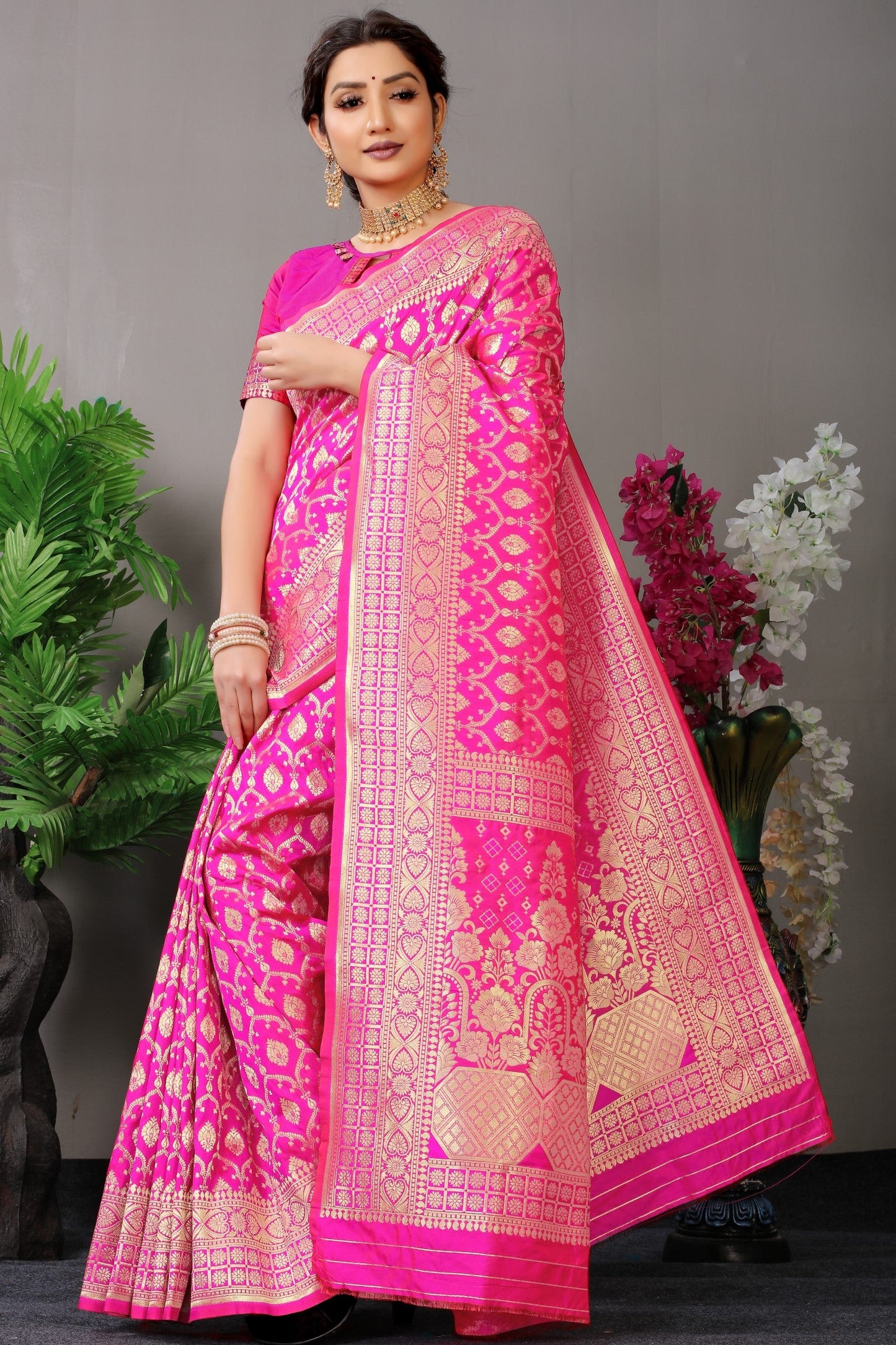 Anaita Pink Woven Design Pure Silk Banarasi Saree With Blouse