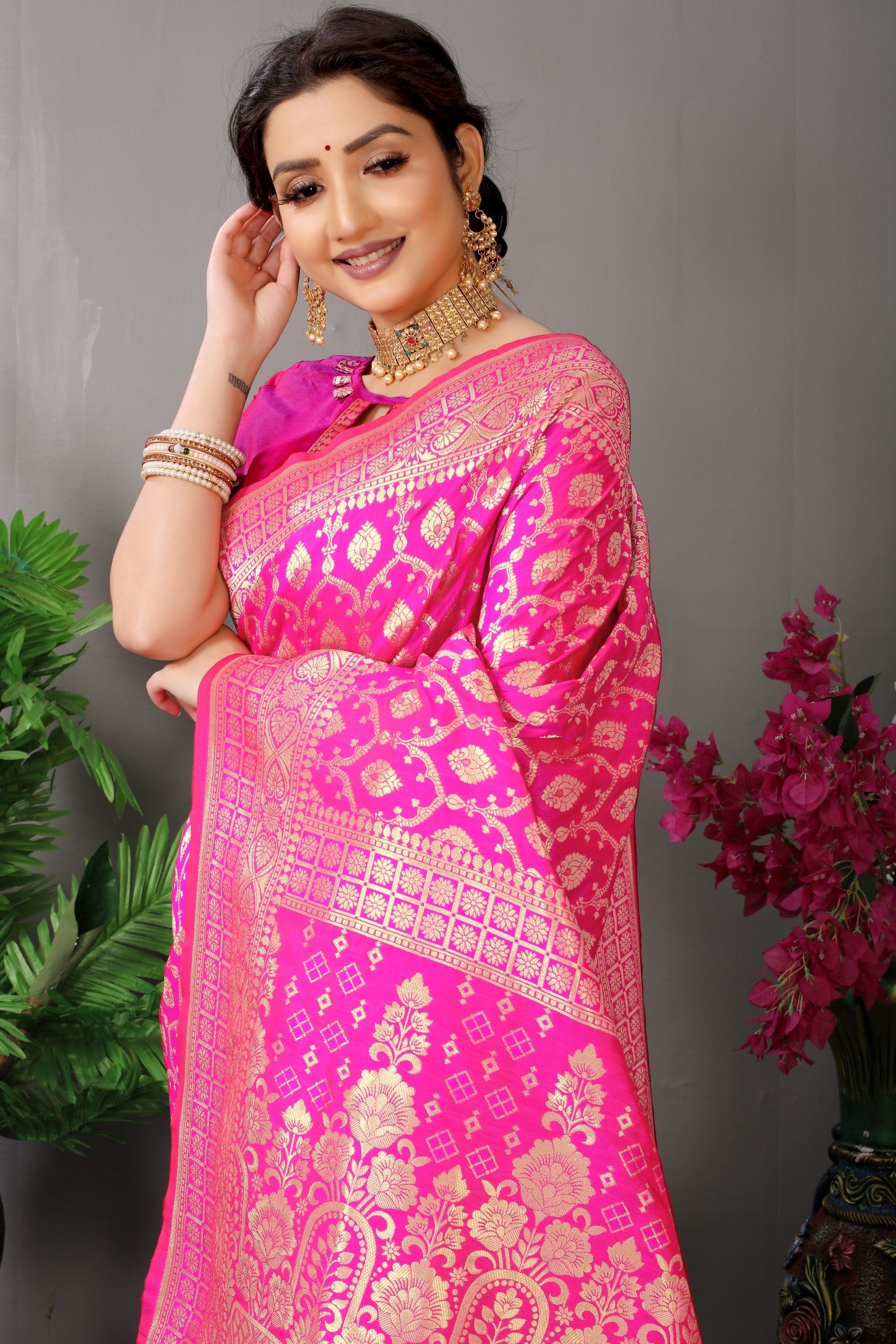 Anaita Pink Woven Design Pure Silk Banarasi Saree With Blouse