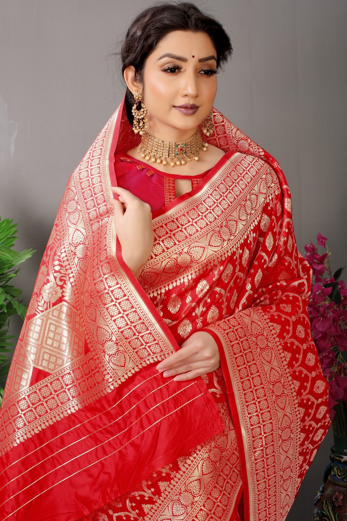 Anaita Red Woven Design Pure Silk Banarasi Saree With Blouse
