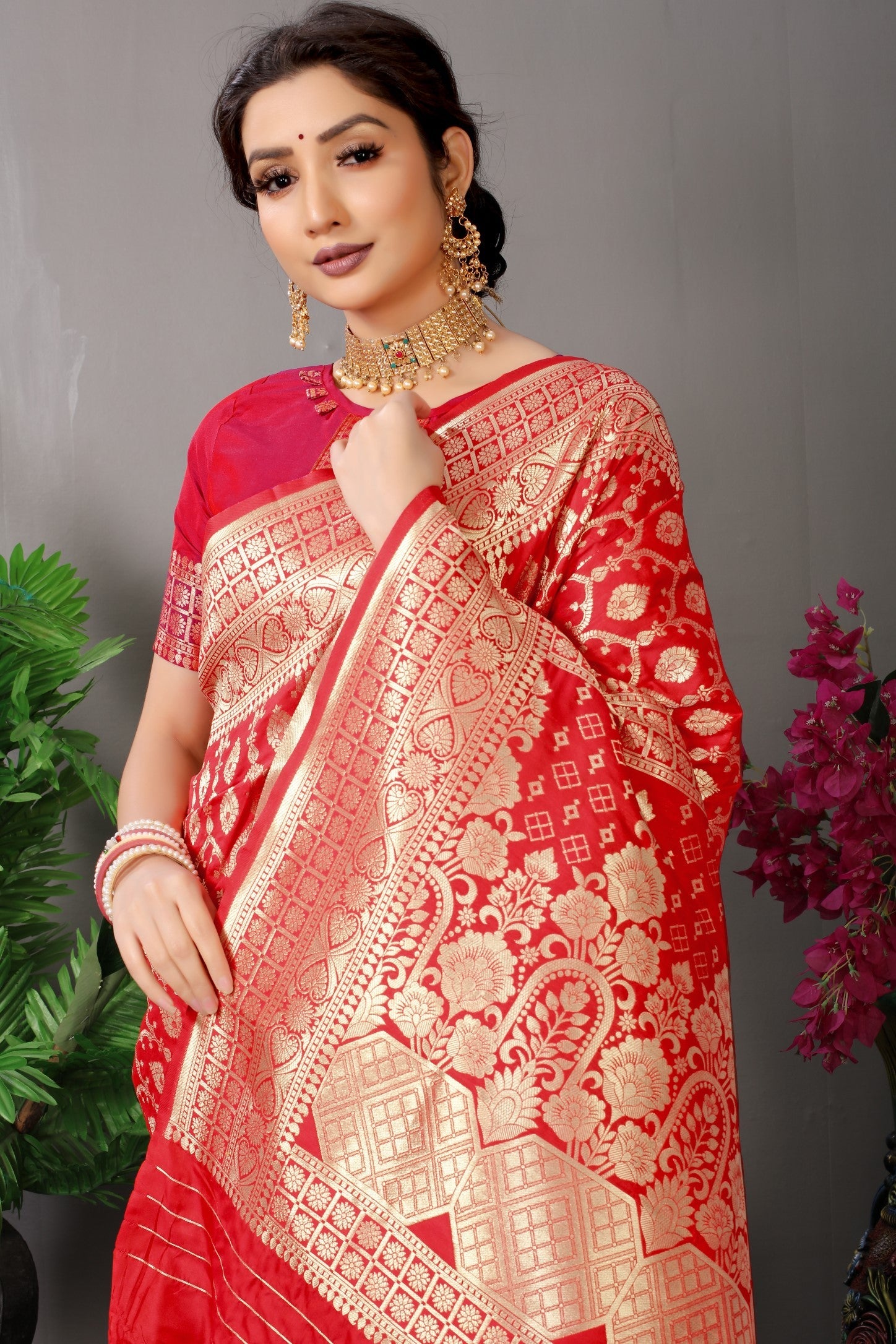 Anaita Red Woven Design Pure Silk Banarasi Saree With Blouse