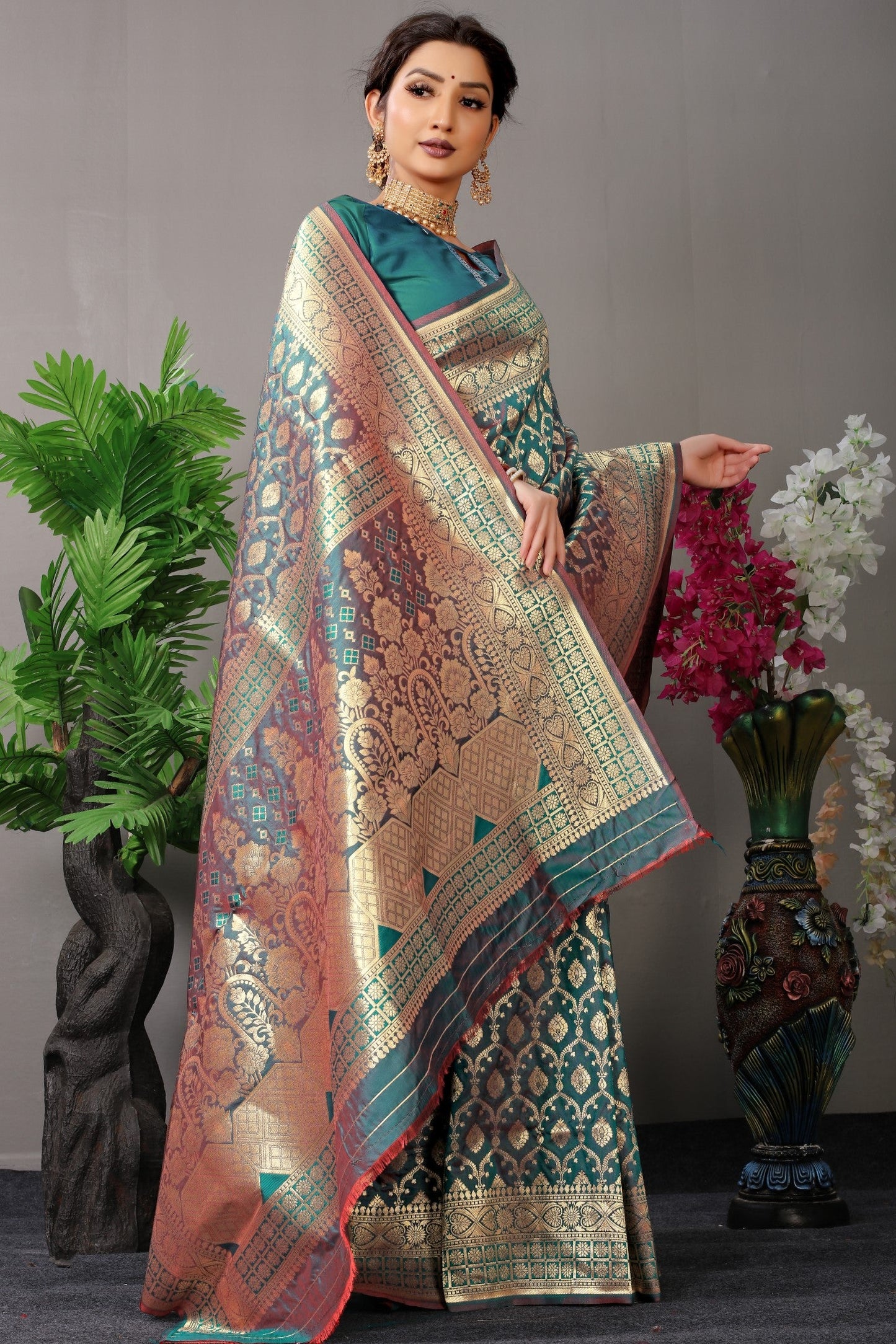 Anaita Teal Woven Design Pure Silk Banarasi Saree With Blouse