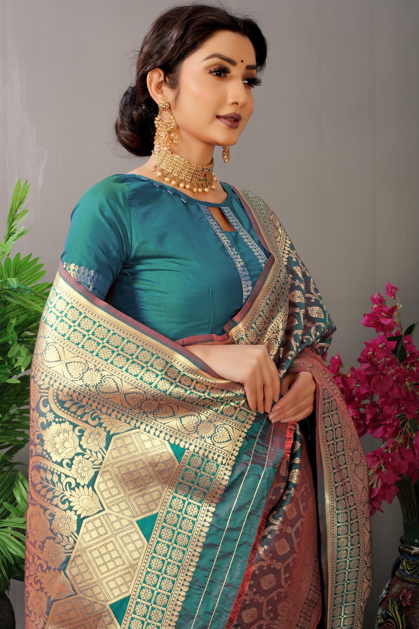 Anaita Teal Woven Design Pure Silk Banarasi Saree With Blouse